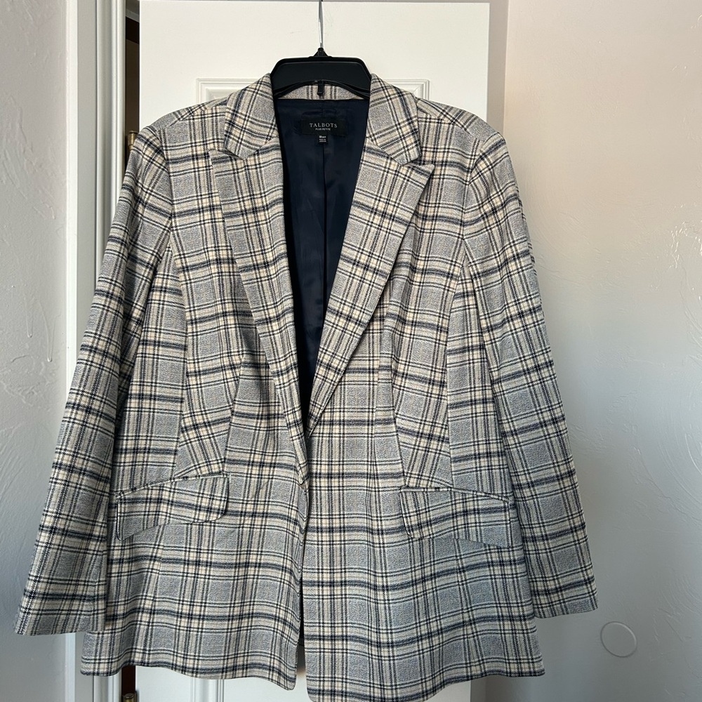Talbots Petite Light Grey Plaid Single Button Blazer